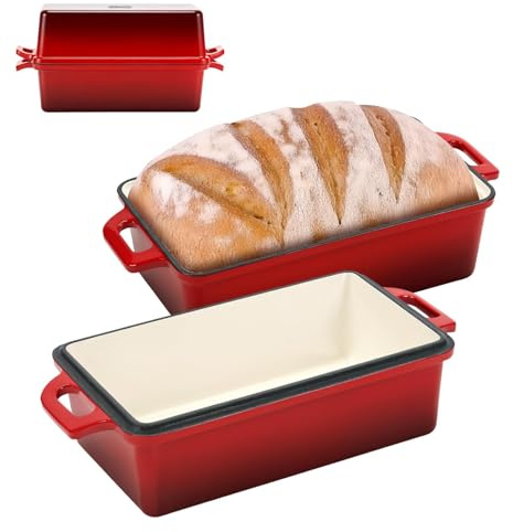 Northriver Casting 9x5 Inch Enameled Cast Iron Bread Loaf Pan with Lid, Perfect Sourdough Baking Pans | Even Heat Distribution for Homemade Bread, Cake, Meatloaf，2 Piece set，Red