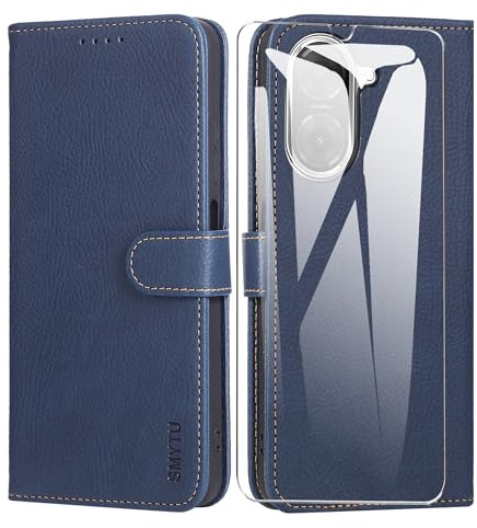 SMYTU Coque pour Xiaomi Redmi A5 4G avec Verre Trempé, Etui Premium Housse en Cuir Pochette Protection Portefeuille Rabat Clapet Case Porte Carte Magnétique Flip Étui - Bleu