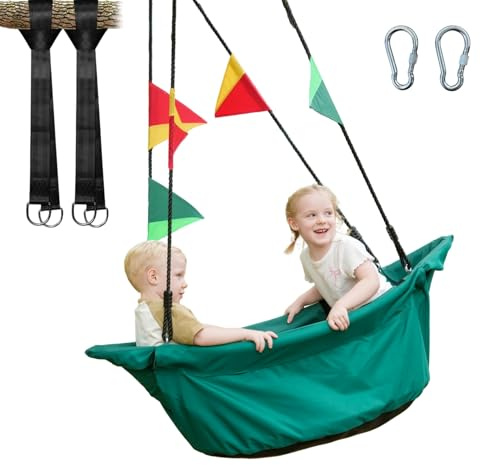 JUNGLE WELL Large Platform RPET Boat-Shaped Swing, 135cm Canoe Tree Swing for Kids, Eco-friendly Fabric, Indoor/Outdoor Hanging Hammock Chair, Safe & Comfortable Children’s Play (Racing Green)