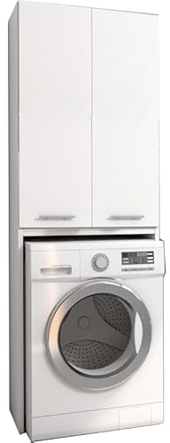 GERMAN Waschmaschinenschrank geeignet für Waschmaschine & Wäschetrockner, Waschmaschinenschrank Überbauschrank, Badezimmermöbel Größe 64x180x30 cm Farbe Weiß