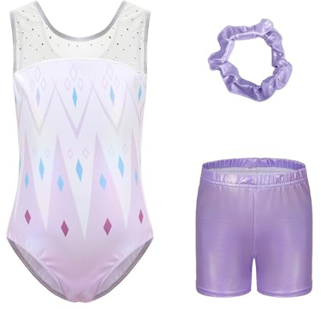 Conjunto Deportiva de Danza Para Niñas Mono de Patinaje Artístico Leotardo con Leggings Cortos y Diadema Maillot de Gimnasia Rítmica Body de Ballet Maillot Danza Clásica (02-Purple, 9-10 Years)
