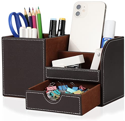 GORESE Organizador de escritorio de oficina, soporte para bolígrafos, escritorio, piel sintética, soporte para lápices de oficina, organizador de lápices, portalápices, portalápices, accesorios de