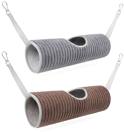 Mtbricey 2PCS Small Animal Hanging Tunnel Hammock for Hamster Rat Ferret Guinea Pig Chinchilla Plush Cage Hideout Tunnel Bed Hammock For Cage Washable Soft Fleece with 4 Clips (Brown+Gray)