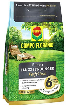 COMPO Rasen-Langzeit-Dünger Perfektion, 6 Monate Langzeitwirkung, Feingranulat, 10 kg, 220 m²