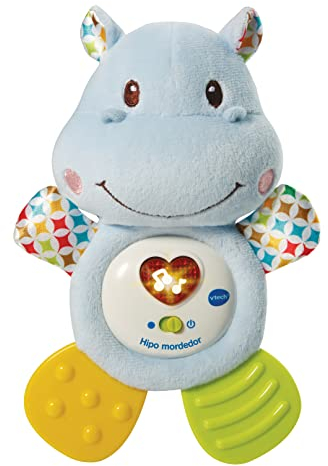 VTech-Baby HIPO mordedor Hipopótamo de peluche musical y sonajero que ayuda a calmar y aliviar a tu bebe con tiernas frases, canciones y melodías, Color azul (3480-502522), versión ESP