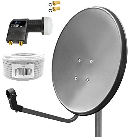 60cm HD Sat Anlage Twin LNB + 20m Koaxialkabel 135dB + 2 F-Stecker Digital 2 Teilnehmer Antenne grau UHD 4K