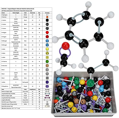 Oumefar Kit de structure de modèle moléculaire de chimie 267 pièces Kit de Structure inorganique organique atomique ensemble lien Atom pour l'enseignement des élèves enseignants Sciencefundamentalskit