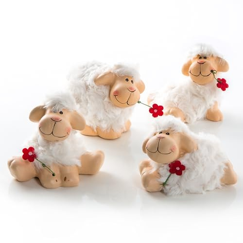 Figure decorative pecore, Set da 4: Decorazioni pasquali, decorazione con agnelli per tavolo, decoro primaverile Pasqua, ornamenti interno, bianche, figure piccole, decorativa per la primavera, 9 cm
