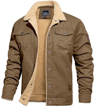 TACVASEN Winter Jackets for Men Fleece Lined Trucker Jacket Cotton Sherpa Cargo Coat Warm Thick Tactical Military Combat Coat Khaki XL