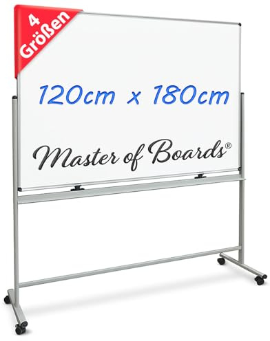 Master of Boards Magnettafel Whiteboard mit Ständer 120 x 180cm mobiles White Board auf Rollen doppelseitige Stativdrehtafel magnetisch, beschreibbar, rollbar, leicht abwischbar mit Stifteablage
