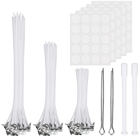 MOGADEE® Candle Wicks - 100pcs, 3 Sizes (10cm, 15cm, 20cm), Includes 2 Wick Holders, 100 Glue Dots, 2 Tubes, Low Smoke & Longer Burn Time for DIY Candles