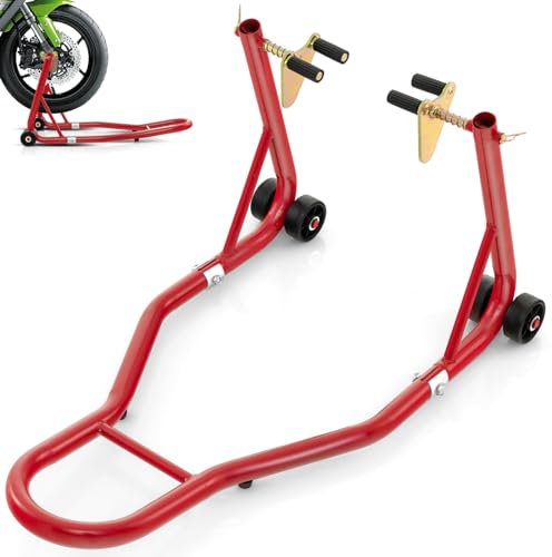 GiantexUK Motorbike Stand, Adjustable Front Track Paddock Stand on Wheels, Heavy Duty Metal Motorcycle Lifting Stand for Workshop Garage Repair Shop (Red)