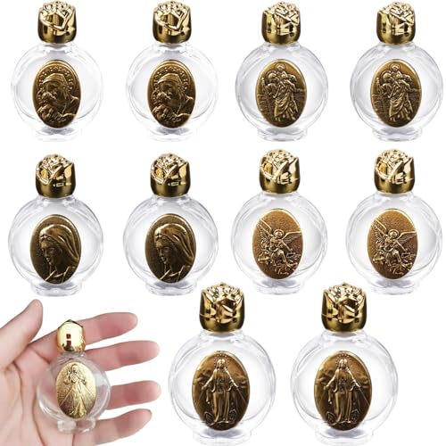 Hilai Botella de cruz religiosa, botella de agua bendita, 10 piezas recipiente de agua bendita en relieve, rociador de agua bendita de vidrio vacío, matraz de agua bendita cristiana