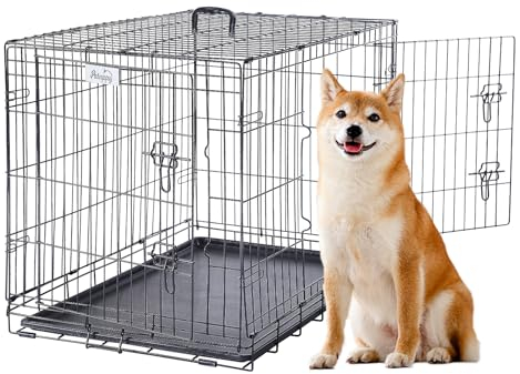 PETAPPY Medium Dog Wire Crate 36 Inch, Folding Metal Cage Double Door Dog Kennel, Wire Pet Puppy Crate with Removable Tray, Floor Protecting Feet, for Travel Outdoor and Indoor