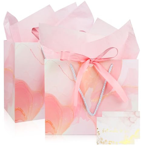 Mifferer Geschenktüten für Geschenk, 2 Stück, mittelgroße Geschenktüte mit 2 Verpackungen und 2 Karten, Papiertüten mit Griffen für Frauen, Geburtstag, Hochzeit, Party, Weihnachten, 28 x 10 x 20 cm