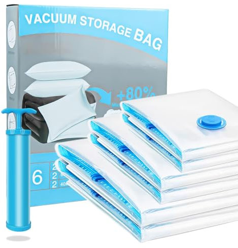 Vacuum Storage Bags, 6 Pack (2 Jumbo, 2 Large, 2 Medium) Reusable Space Saver Bags Vacuum Compression Zipper Storage Bags with Airtight Valve and Hand Pump Vacuum Bags for Clothes, Duvets,Travel