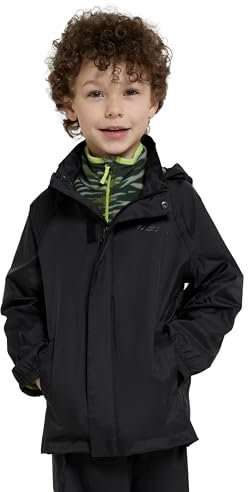 Mountain Warehouse Pakka Kids Waterproof Jacket & Overtrousers Set - Splash Pants with Front Pockets & Raincoat with Packaway Hood - Autumn, Wet Weather Black Kids Size 5-6 Years
