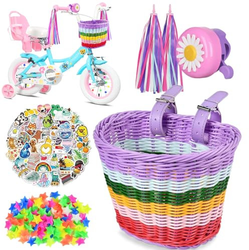Panier de vélo pour enfant - Panier de vélo avant pour enfants - Avec sangles en polyuréthane, autocollants, glands de vélo et sonnette de vélo - Accessoires de vélo pour enfants - Couleur arc-en-ciel
