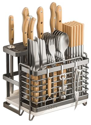 Bestickhållare, köksredskapshållare, bestickkorg, väggmonterad spårfri klistermärke, kolstål, bestick, droppbehållare, för bestick och kökshjälpmedel (grå besticklåda och bestickhållare)