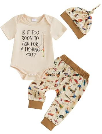 FeMereina Newborn Baby Boy Clothes Fishing Short Sleeve Romper Shirt Tops Pants Summer Spring Outfits Cute Hat Set (Beige, 3-6 Months)