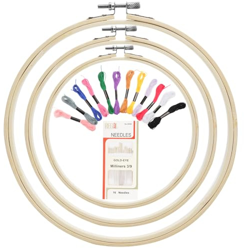 Juego de 3 bastidores de bordado de madera de bambú de 10/15/18 cm, aro de bordado de bambú, con 1 caja de agujas + 12 colores de hilo de bordar para manualidades, punto de cruz, bordado, artesanía