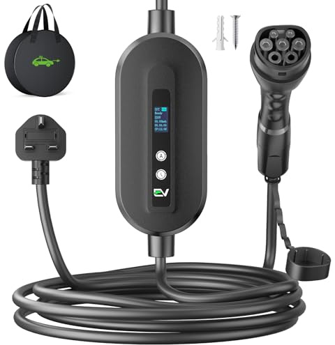 EVJUICION EV Charger Cable Type 2 to 3 Pin Plug 8M, [3kW, 6-13A] EV Charger 3 Pin Plug 0-12H Delay Timer, Type 2 Charging Cable 3 Pin with LED Display & Carry Bag, IP67/IP65 for Type 2 EVs & PHEVs