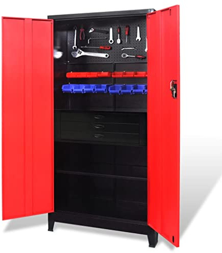 Canditree Armoire à Outils en Métal avec 2 Portes Verrouillables, 3 Étagères Réglables, 1 Coffre à Outils Amovible à 3 Tiroirs