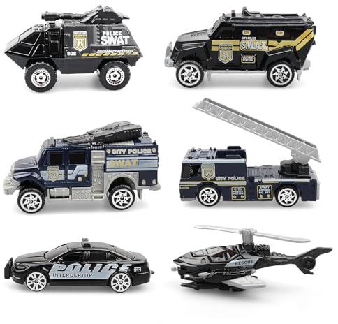 Set di 6 auto giocattolo della polizia in pressofusione – Mini navi della polizia in metallo per ragazzi dai 3 anni in su, con auto blindata, auto di salvataggio, SUV, elicottero militare, perfetto