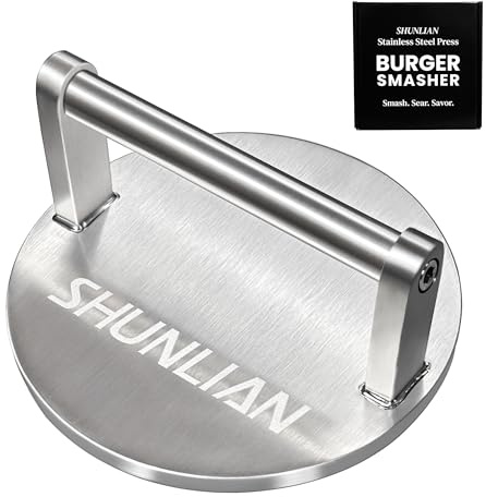 SHUNLIAN Smash Burger Press, 6 Inch Heavy Duty Burger Smasher Tool, 3.1lb Non-Stick Smooth Stainless Steel Grill Press for Flat Top Griddle, BBQ & Kitchen Use, Ground Beef, Meats, Bacon, Steak
