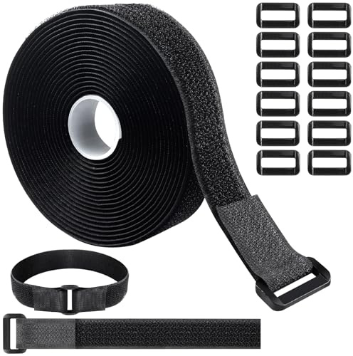 2 cm x 5 m kardborrband med 25 spännen, Caianwin-buntband, återförslutningsbar, fri skärning, kardborreband, svart för kablar, snören och utomhusparasoller