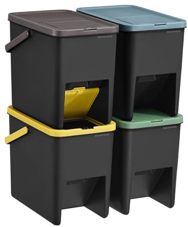 SONGMICS Recycling Bins for Kitchen, Set of 4 Stackable Trash Bins, 20 L Each, Waste Separation System, Press-to-Open Lids, with Stickers, Storage Bins, Yellow, Blue, Brown and Green LTB760BZ01