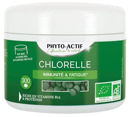 PHYTO-ACTIF | Chlorelle | Complément alimentaire Immunité & Vitalité | Système immunitaire renforcé | Réduit la fatigue |Riche en Vitamine B12 & Protéines végétales & Chlorophylle | 300 comprimés