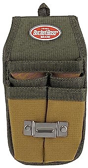 Bucket Boss Four-Barrel Tool Sheath with FlapFit to Fit Instantly Over a Belt or Into a Pants Pocket, with 5 Tool Pockets and 2 Loops, and Metal Tape Clip, in Brown, 54184
