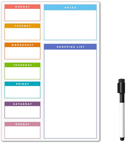 TMS Whiteboard Planner Fridge Magnet 42 x 30cm Magnetic Weekly Planner, Dry Wipe Memo Board, Daily Calendar and Shopping List for Notes, Meal Prep, Reminders, with Dry Erase Marker (Multicoloured, A3)