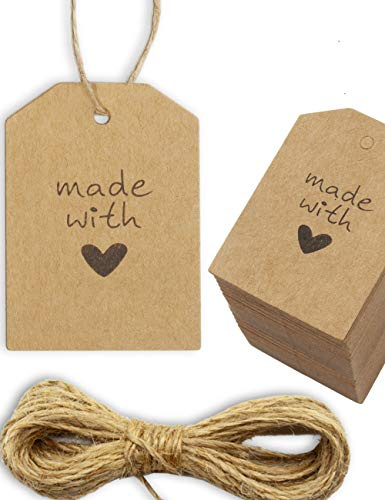 HOMETOOLS.EU® - 100 etiquetas de cartón natural, letrero de papel Made with Love, etiqueta de regalo, letrero de cartón, 5,5 x 4 cm, con corazón de cuerda de yute de 10 m, marrón, 100x