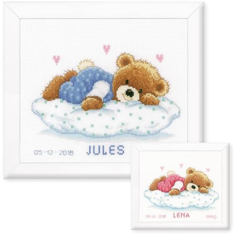 VERVACO Kit Punto Croce Contato ORSACCHIOTTO CHE SONNECCHIA Annuncio Nascita Punto Croce ca. 23 x 18 cm Regalo Personalizzato Set Fai Da Te Attività Creative Adulti Benvenuto Bambino Cross Stitch