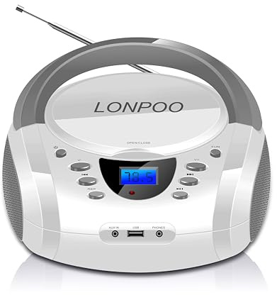 LONPOO CD Players Portable Boombox with FM Radio/USB/Bluetooth/AUX Input and Earphone Jack Output, Stereo Sound Speaker & Audio Player,White