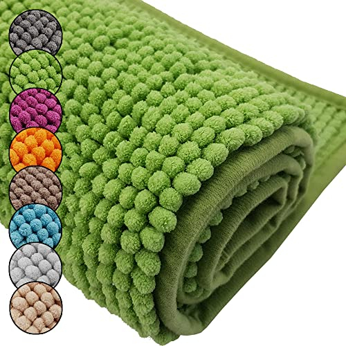 DILUMA Badematte Chenille 2er Set 50x80cm + 45x50cm Grün Rutschfester Hochflor Badteppich Wellness Badvorleger Saugfähig und Flauschig