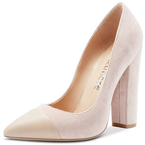 Castamere Women's Sky Block Heel Pumps Pointed Toe Slip-On Court Shoes 4.7 Inch Heeled Beige Nude Suede Pumps UK 6
