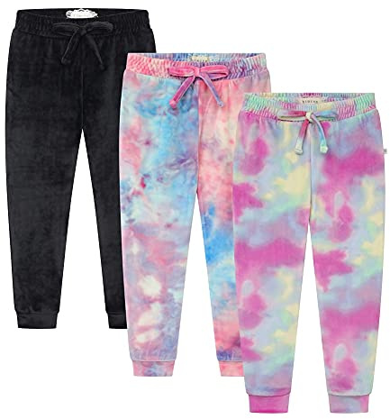 BTween Girls 3 Pack Velour Jogger Pant Set Solid and Tie Dye Sweatpants for Girls, Black Pink Size 10/12