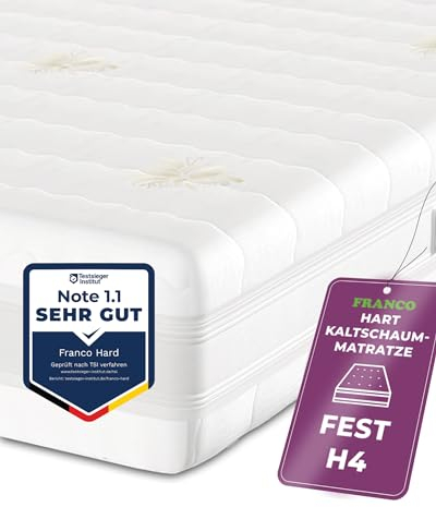 FRANCO Hard Kaltschaummatratze, 90x200 cm, Härtegrad H4 Fest, 22 cm hoch, Waschbarer Aloe Vera Bezug, Weiß, Öko-Tex Zertifiziert