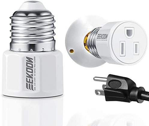 Feekoon 1 Pack E26/ E27 3 Prong Light Bulb Socket Adapter, Polarized Light Socket Outlet, Lights Sockets to Plug Adapter Sockets Converter, Lights Bulb Plug Adapters for Patio, Garage, Porch (White)