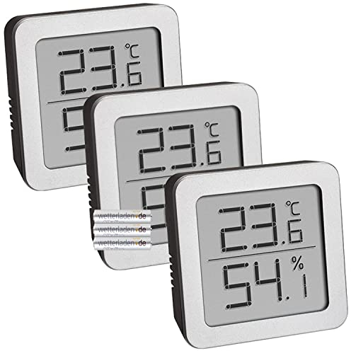 TFA Dostmann 3-Set Hygrometer digital innen, 95.2019.54, zur Luftfeuchtigkeitsmessung und Temperaturmessung, mit flexiblem magnetischen Halter, L90 x B70 x H115 mm (schwarz-silber mit Batterien)