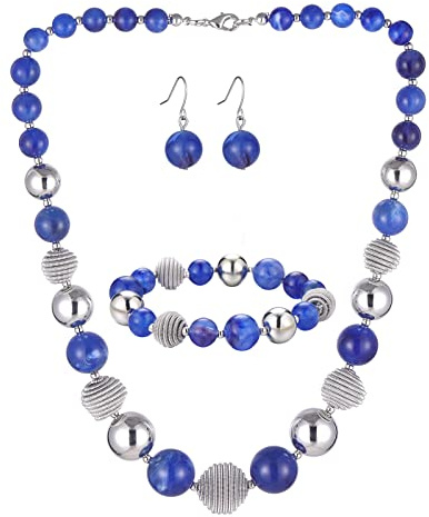 BULINLIN Chunky Beaded Silver Necklace Earrings Pearl Handmade Bracelet Set Statement Costume Fashion Jewellery Set Birthday Gifts for Women