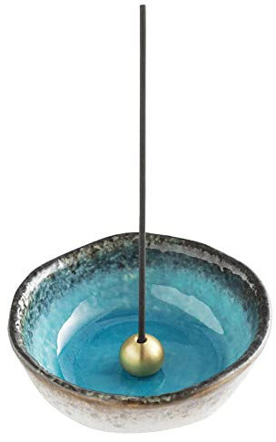 Asayu Japan Mini Porta Incenso per Bastoncini (8.3cm) Set di Cattura Cenere in Ceramica con Supporto Rimovibile in Ottone per Brunciaincenso, Fatto in Giappone, Per Relax (Blu Oceano Naturale)