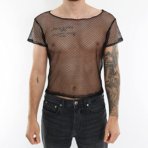 Mens Black Mesh Top - Small - Mens Fishnet Mesh Crop Top Short Sleeve String Tank Vest Muscle Clubwear Pride