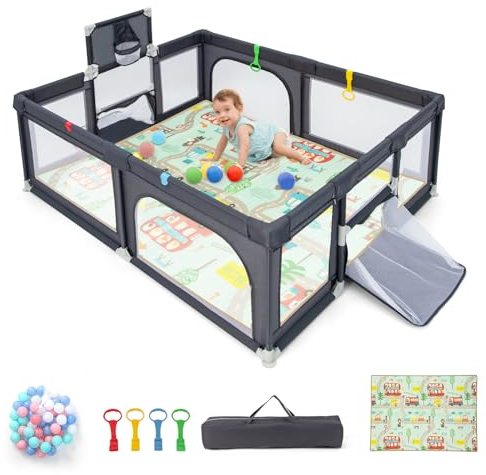 DREAMADE Laufstall baby, 188 x 157cm Laufgitter mit Matratze & Basketballkorb & Zugring, Schutzgitter mit Rutschfester Basis, Krabbelgitter für Kinder