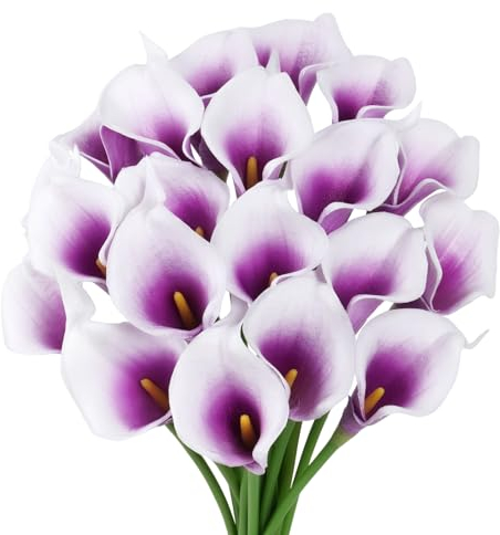 VaryFloral 20Pcs Fleurs artificielles Lys Calla Bouquet Fleur Artificielle Pourpre Blanc Fausse Fleur PU Toucher Réaliste Fleurs Artificielles Deco Maison Jardin Mariage Anniversaire Fête Spéciale