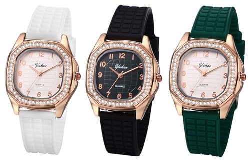 JewelryWe Uhren Damen Silikon Quadratisch: 3pcs Vintage Analog Quarz Armbanduhr Frauen Silikon Armband Sport Uhr Damenuhr mit Glitzer Zirkonia Diamant Rechteckigem Zifferblatt