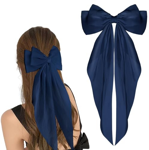WLLHYF Big Bow Barrettes Long Tail French Ribbon Hair Pins Soft Silky Satin Hair Clip Metal Bowknot Clips 90's Accessories for Party Valentine's Day Women Girl (Navy blue)
